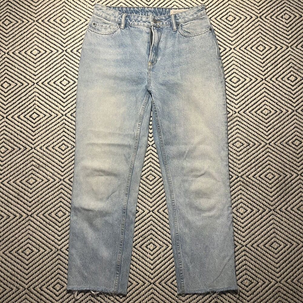 AllSaints Women's Ella Light Wash Blue High Rise Frayed Hem Straight Jeans Sz 30